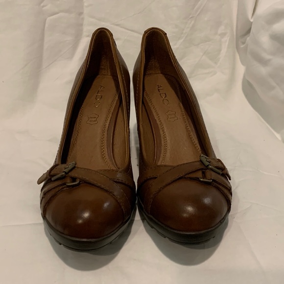 COPY - NWOT Aldo caramel brown leather pumps with stacked heels and toe buckles. - Picture 3 of 8